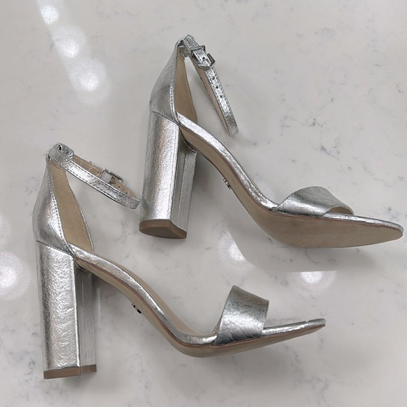 SAM EDELMAN Daniella Block Heel Leather Sandal Elegant Silver Size 6 - Picture 3 of 7